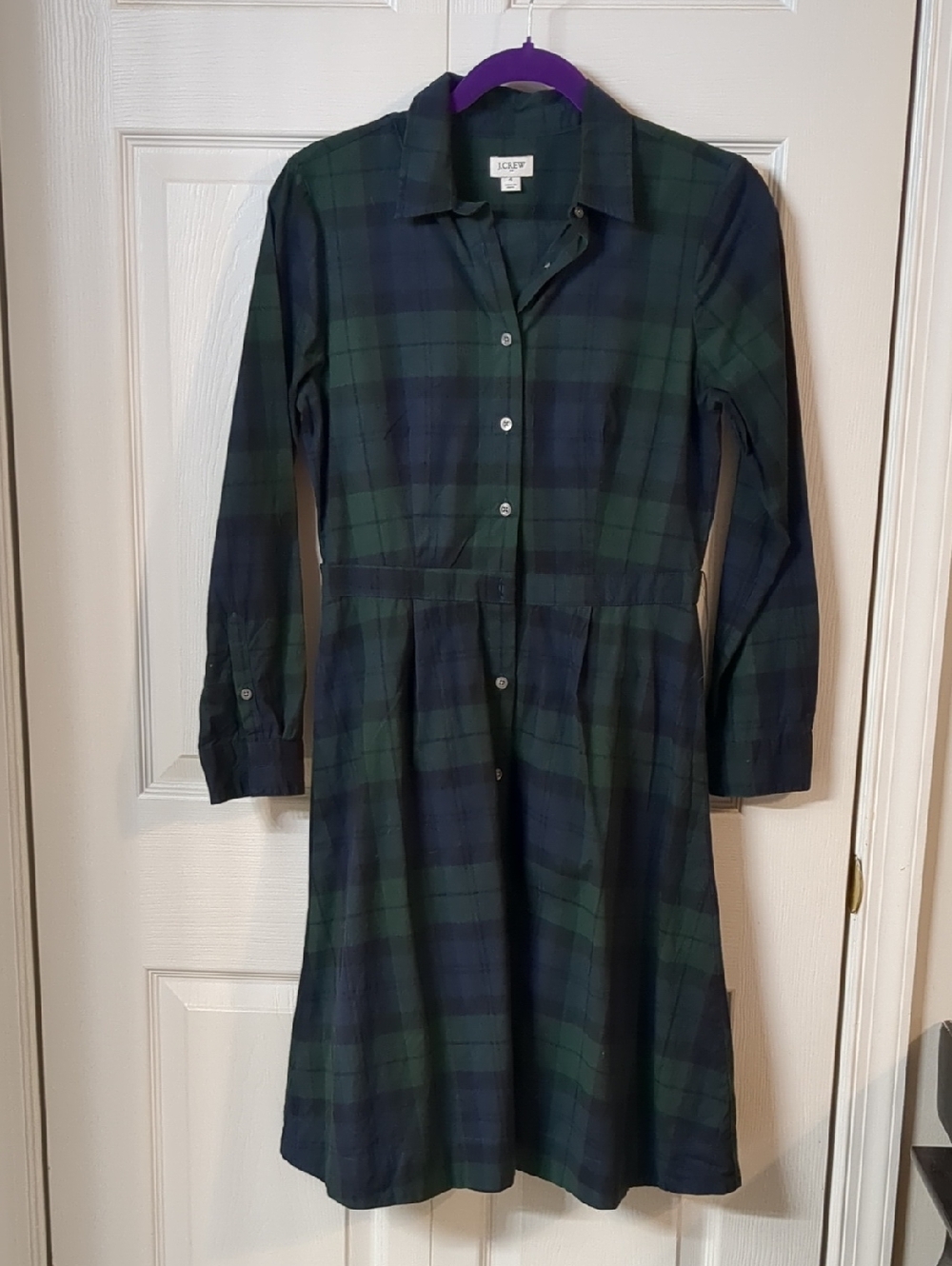 J. Crew Factory Green and Navy Plaid Long-Sleeve Shirt Dress